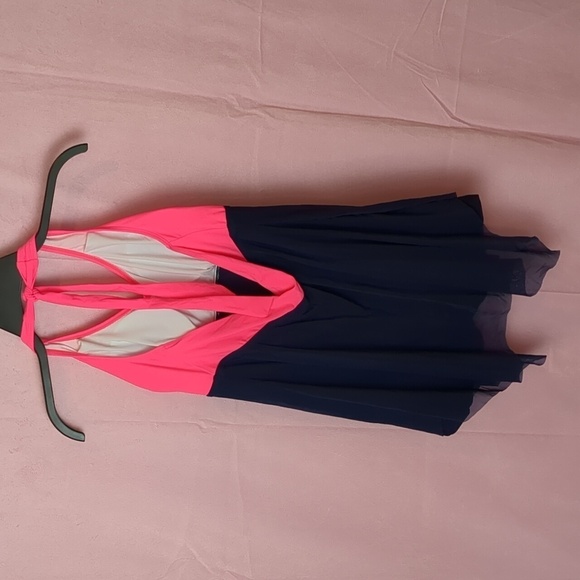 Neon Pink and Blue V Neck One Piece Swimsuit with Sheer Skirt Overlay size Large - Picture 6 of 9